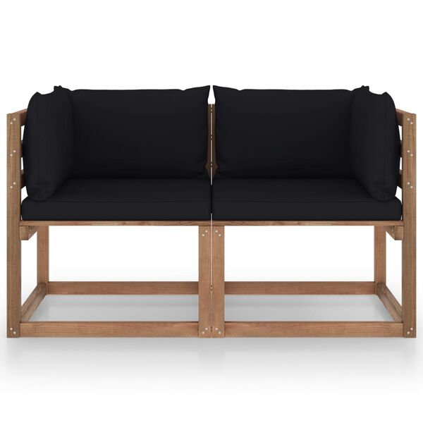 vidaXL Dvivietė sodo sofa i&scaron; palečių su juodomis pagalvėlėmis, pu&scaron;is