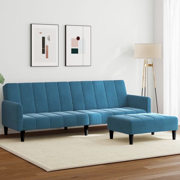 vidaXL Dvivietė sofa-lova su pakoja, mėlynos spalvos, aksomas