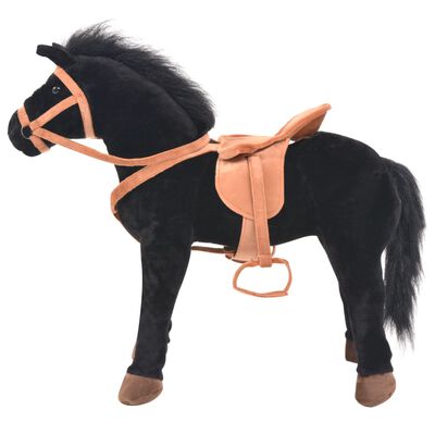vidaXL Stovintis žaislas žirgas, juodos spalvos, pliušas