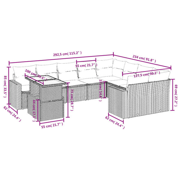 vidaXL Sodo komplektas su pagalvėlėmis, 10 dalių, juodas, poliratanas