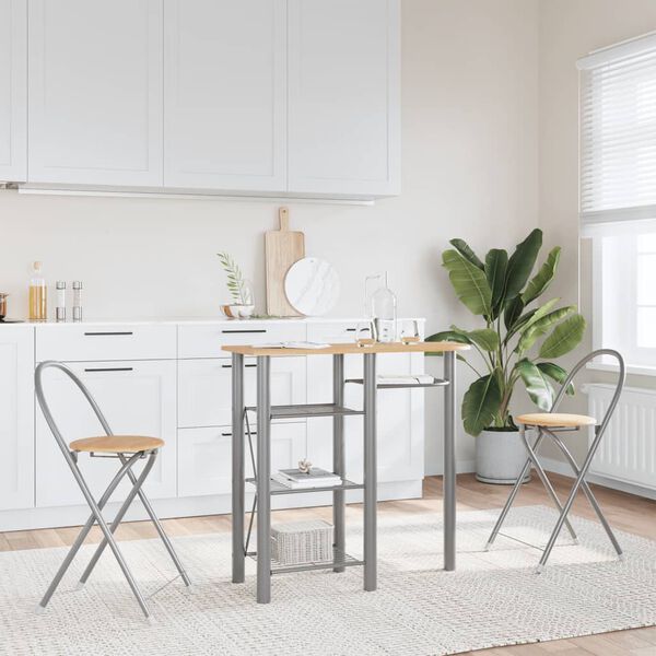 vidaXL Baro baldų komplektas, 3 dalių, pilkas/rudas, mediena/geležis