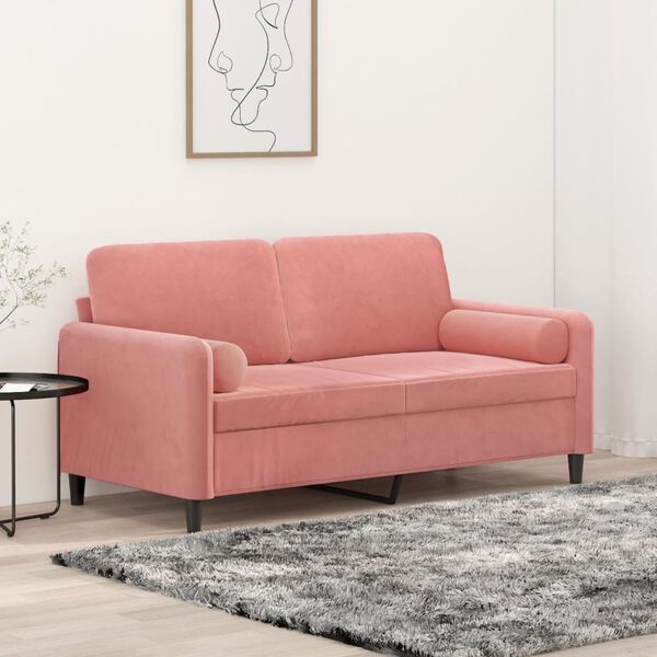 vidaXL Dvivietė sofa su pagalvėmis, rožinės spalvos, 140cm, aksomas