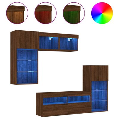 vidaXL Sieninė TV sekcija su LED, 5 dalių, ruda ąžuolo, mediena