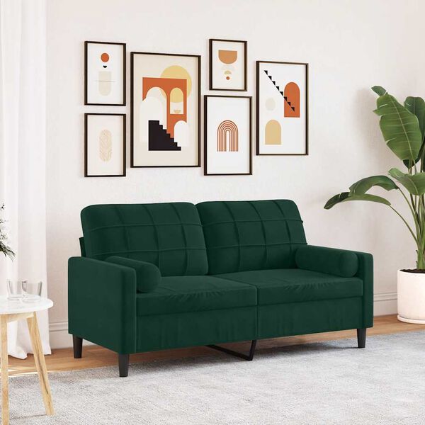 vidaXL Dvivietė sofa su pagalvėlėmis, tamsiai žalia, 140cm, aksomas