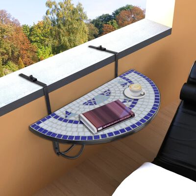 vidaXL Pakabinamas balkono staliukas, mėlynas ir baltas, mozaikinis