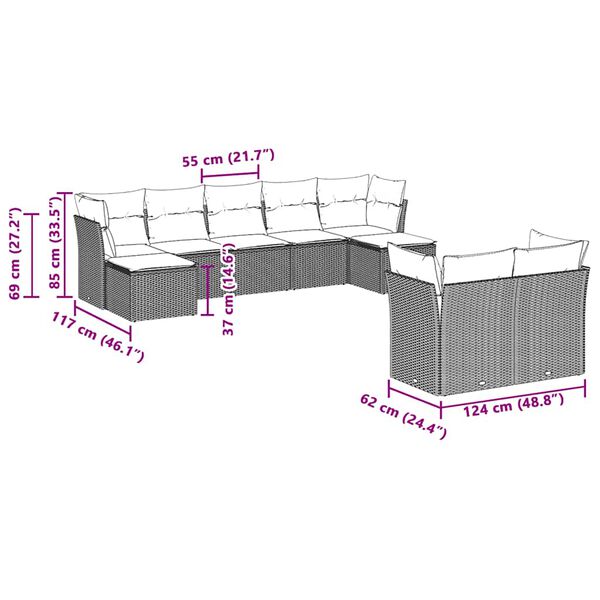 vidaXL Sofos komplektas su pagalvėlėmis, 9 dalių, pilkas, poliratanas