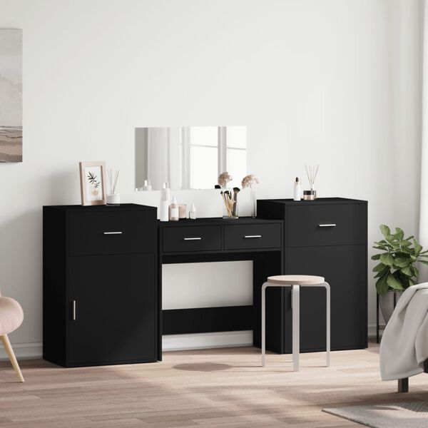 vidaXL Kosmetinio staliuko komplektas, 4 dalių, juodas, mediena