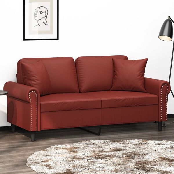 vidaXL Dvivietė sofa su pagalvėmis, vyno, 140cm, dirbtinė oda