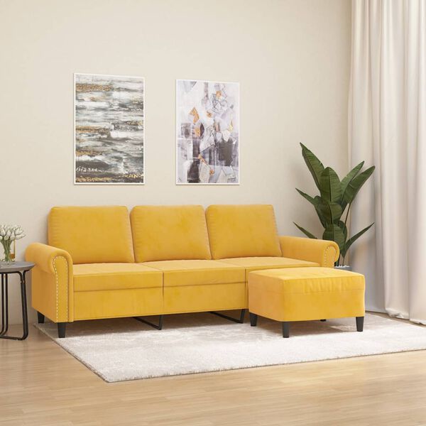 vidaXL Trivietė sofa su pakoja, &scaron;viesiai geltona, 180cm, aksomas