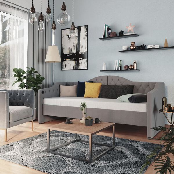 vidaXL Lova su čiužiniu ir USB i&scaron;vestimi, pilka, 90x200cm, audinys