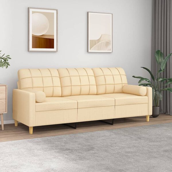 vidaXL Trivietė sofa su pagalvėmis, kreminė, 180cm, audinys
