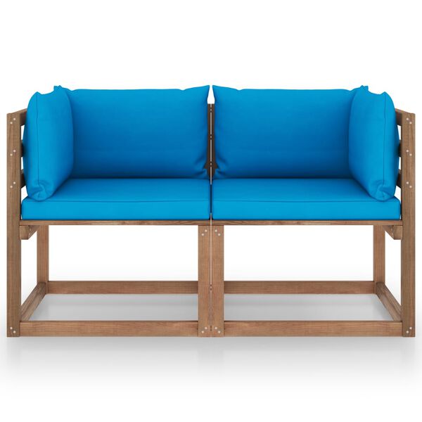 vidaXL Dvivietė sodo sofa i&scaron; palečių su mėlynomis pagalvėlėmis, pu&scaron;is