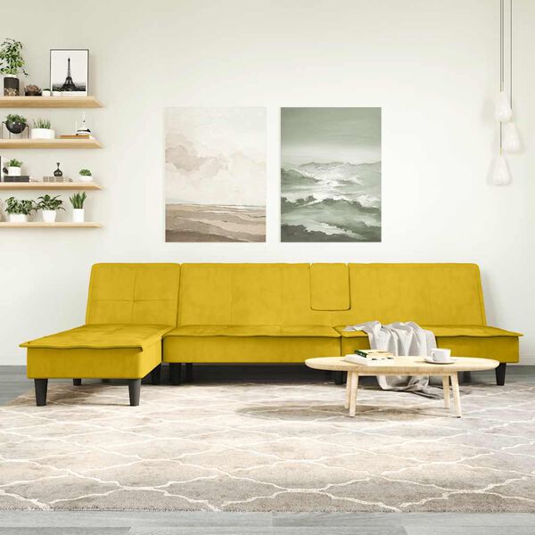 vidaXL L formos sofa-lova, geltonos spalvos, 255x140x70cm, aksomas