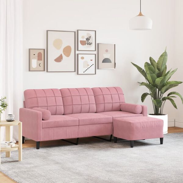 vidaXL Trivietė sofa su pakoja, rožinės spalvos, 180cm, aksomas
