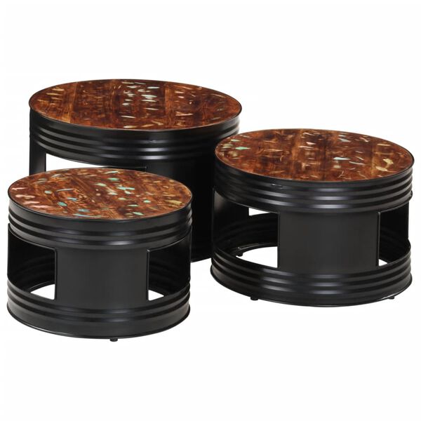 vidaXL Baro stalai, 3vnt., perdirbtos medienos masyvas, būgno formos