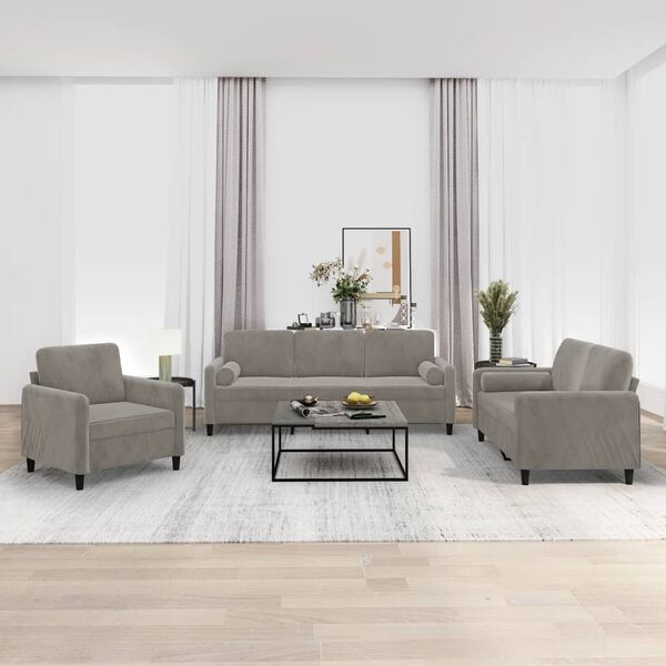 vidaXL Sofos komplektas su pagalvėmis, 3 dalių, pilkas, aksomas