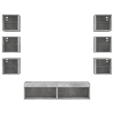 vidaXL Sieninė TV sekcija su LED, 8 dalių, betono, apdirbta mediena