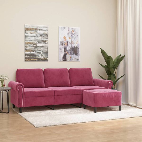 vidaXL Trivietė sofa su pakoja, raudonojo vyno spalvos, 180cm, aksomas