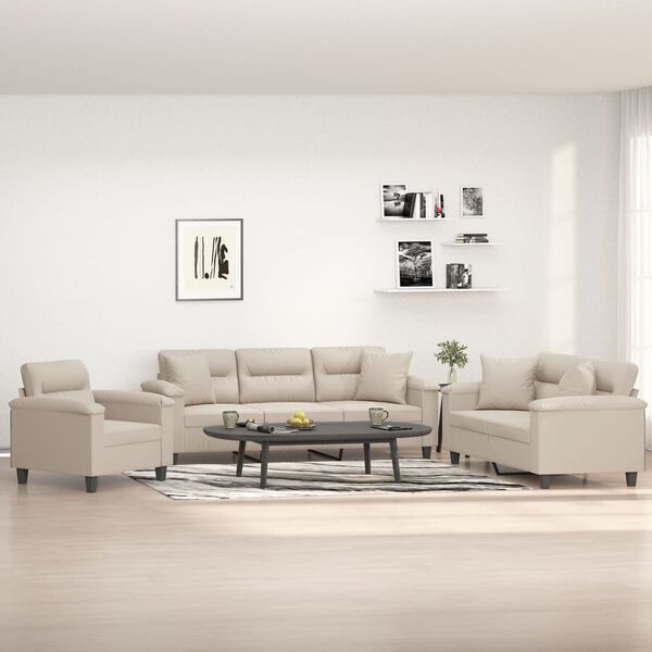 vidaXL Sofos komplektas su pagalvėmis, 3 dalių, kreminis, audinys