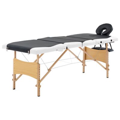 vidaXL Sulankstomas masažo stalas, juodas ir baltas, mediena, 4 zonų