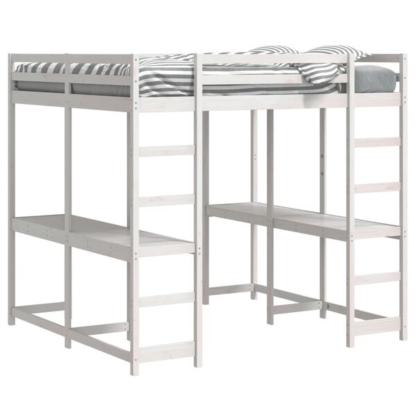 vidaXL Aukšta lova su rašomuoju stalu ir kopėčiomis, balta, 140x200cm