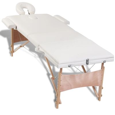vidaXL Sulankstomas masažo stalas, kreminis, 3 zonų, su mediniu rėmu