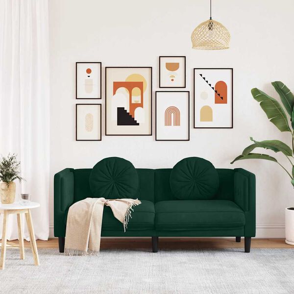 vidaXL Dvivietė sofa su pagalvėlėmis, tamsiai žalios spalvos, aksomas