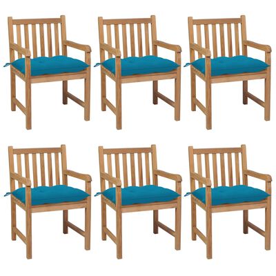 vidaXL Sodo kėdės su šviesiai mėlynomis pagalvėlėmis, 6vnt., tikmedis