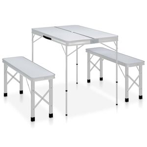 vidaXL Sulankstomas stalas su 2 suoliukais, baltos spalvos, aliuminis