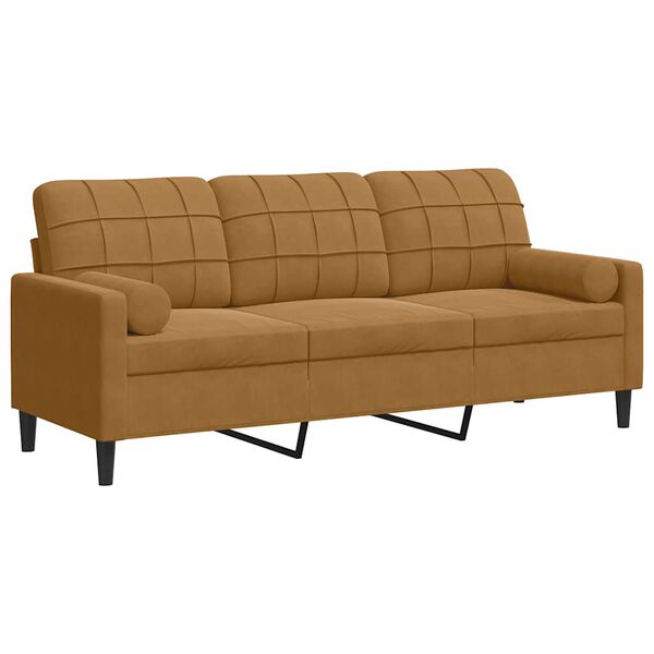 vidaXL Trivietė sofa su pagalvėlėmis, rudos spalvos, 180cm, aksomas