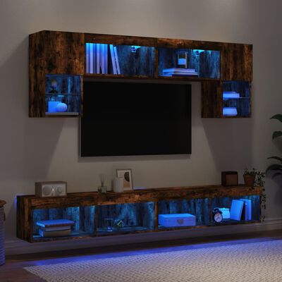 vidaXL Sieninė TV sekcija su LED, 6 dalių, dūminio ąžuolo, mediena