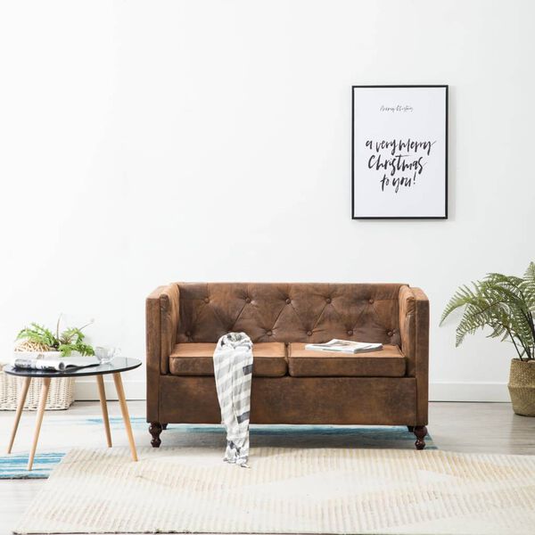vidaXL Dvivietė Chesterfield sofa, audinio apmu&scaron;., ruda, zom&scaron;. imit.