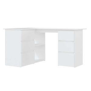 vidaXL Kampinis ra&scaron;omasis stalas, baltas, 145x100x76cm, mediena