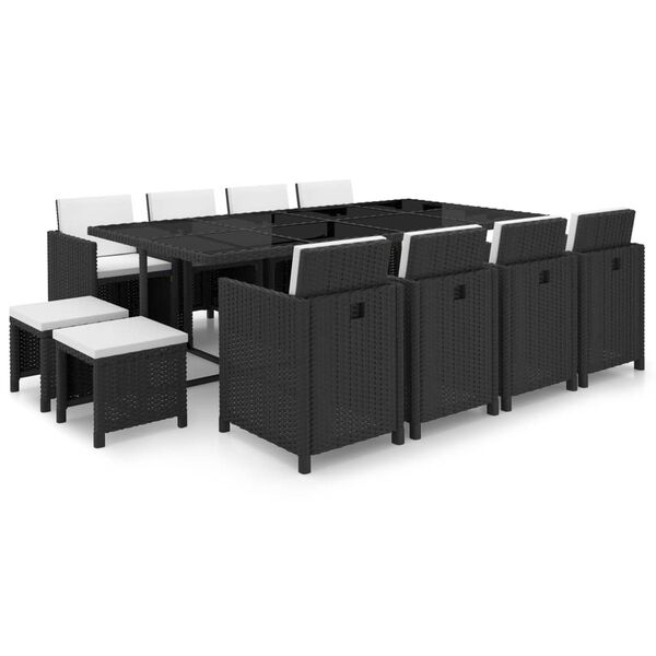 vidaXL Lauko valgomojo baldų kompl. su pagalv., 13d., juod., polirat.