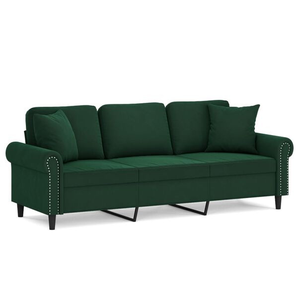 vidaXL Trivietė sofa su pagalvėmis, tamsiai žalia, 180cm, aksomas
