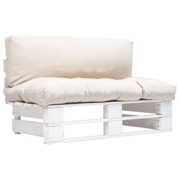 vidaXL Sodo sofa iš palečių su smėlio pagalvėlėmis, pušies mediena