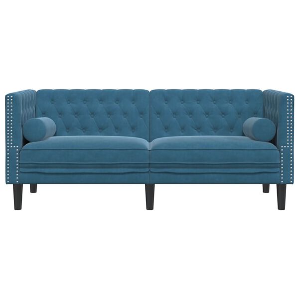 vidaXL Dvivietė chesterfield sofa su pagalvėlėmis, mėlyna, aksomas