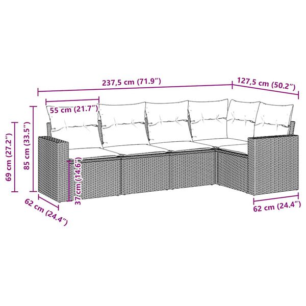 vidaXL Sofos komplektas su pagalvėlėmis, 5 dalių, rudas, poliratanas