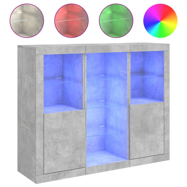 vidaXL &Scaron;oninės spintelės su LED, 3vnt., betono, apdirbta mediena