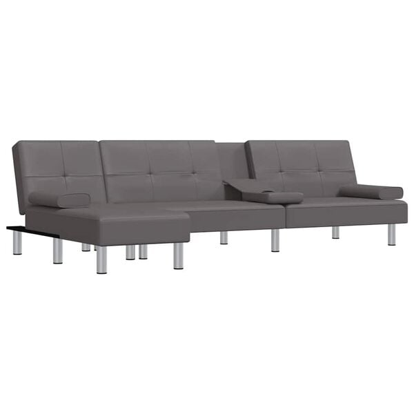 vidaXL L formos sofa-lova, pilkos spalvos, 255x140x70cm, dirbtinė oda