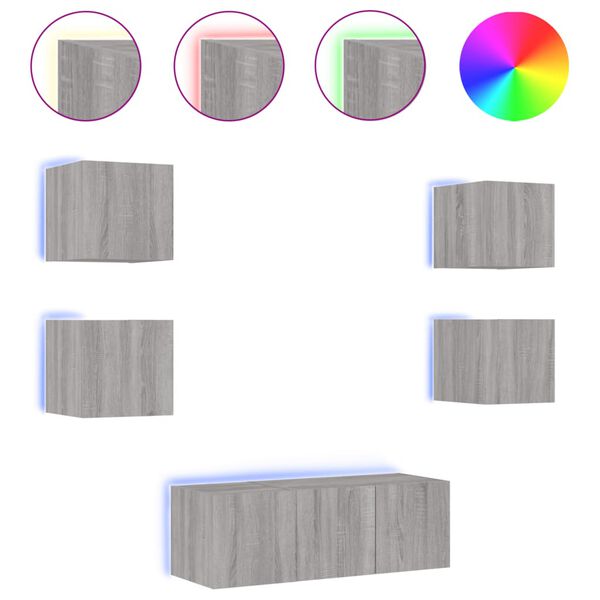 vidaXL Sieninė TV sekcija su LED, 6 dalių, pilka ąžuolo, mediena