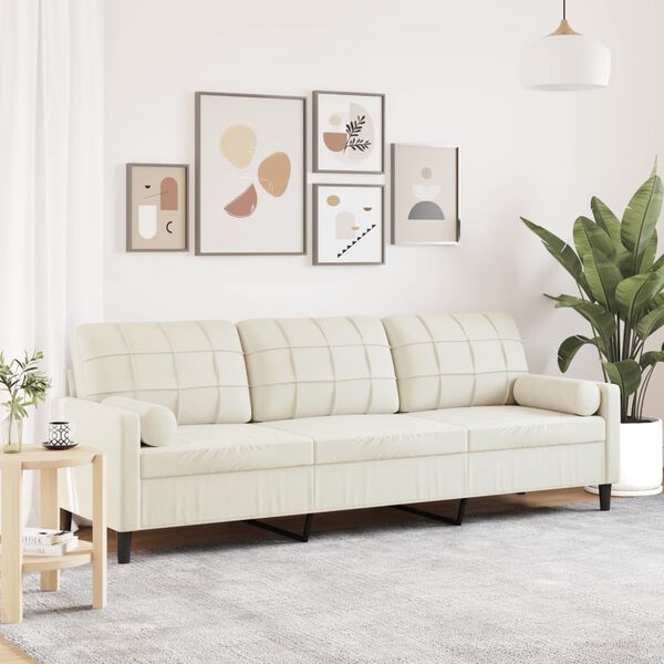 vidaXL Trivietė sofa su pagalvėlėmis, kreminės spalvos, 210cm, aksomas