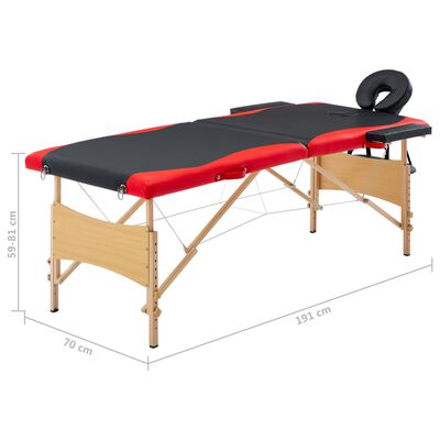 vidaXL Sulankstomas masažo stalas, juodas ir raudonas, mediena, 2 zonų