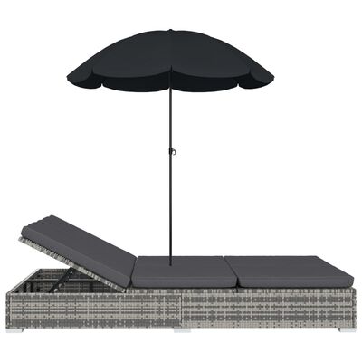 vidaXL Lauko poilsio gultas su skėčiu, pilkos spalvos, poliratanas