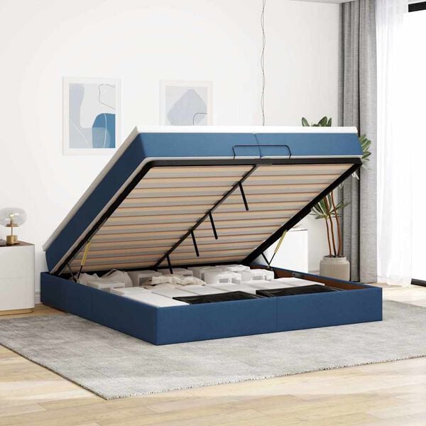 vidaXL Osmanų lovos rėmas su čiužiniais, mėlynas, 200x200cm, audinys