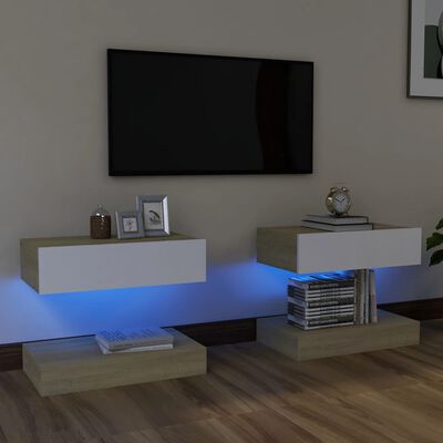 vidaXL TV spintelės su LED apšvietimu, 2vnt., baltos/ąžuolo, 60x35cm
