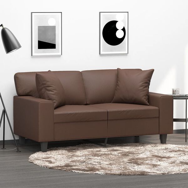 vidaXL Dvivietė sofa su pagalvėmis, ruda, 120cm, dirbtinė oda