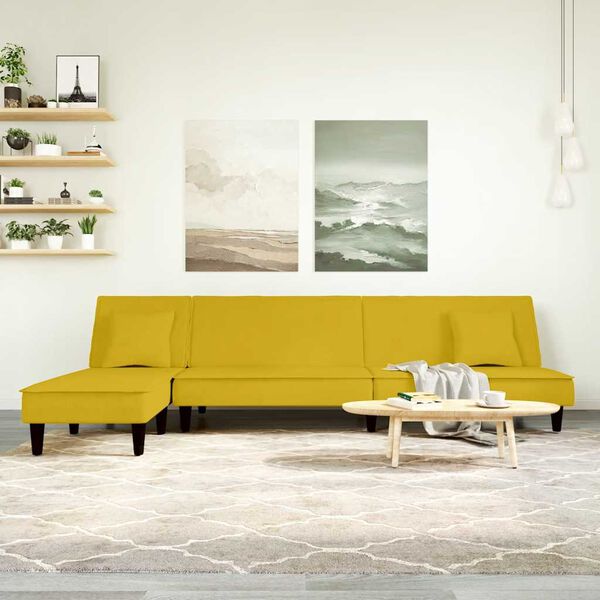 vidaXL L formos sofa-lova, geltonos spalvos, 255x140x70cm, aksomas