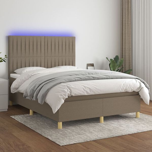 vidaXL Lova su spyruoklėmis/čiužiniu/LED, taupe, 140x190 cm, audinys