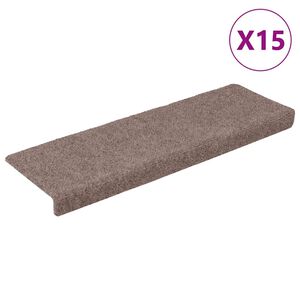 vidaXL Laiptų kilimėliai, lipnūs, 15 vnt., 65x21x4 cm, &scaron;viesiai rudos spalvos, stačiakampiai kra&scaron;tai